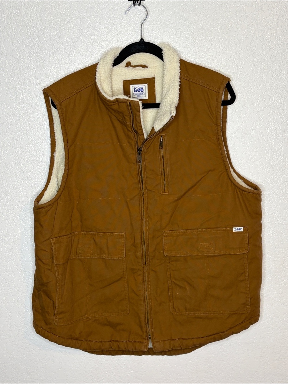 Lee Work Wear Camel Canvas Utility Vest with Faux Sherpa Lining Size Large